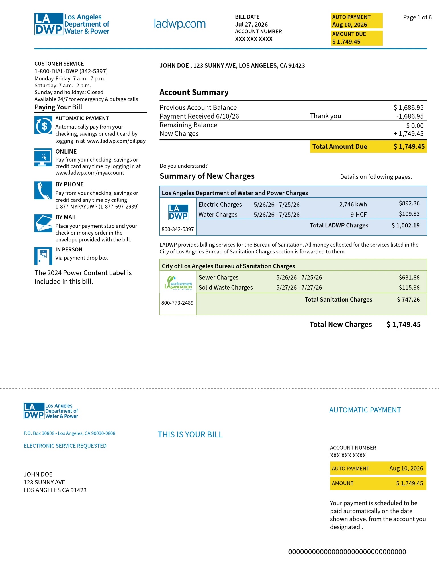 Page 1 of a sample LADWP bill: account summary and summary of new charges