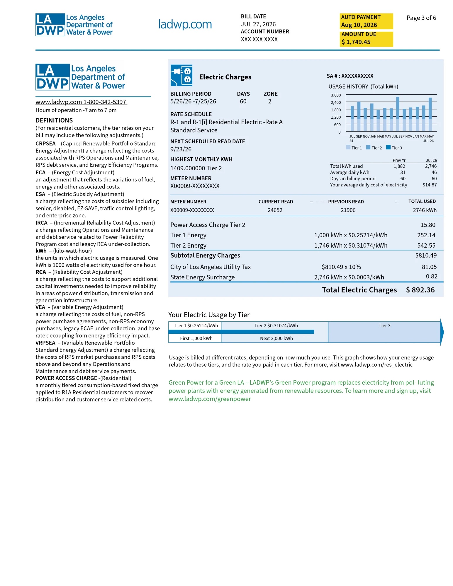 Page 3 of a sample LADWP bill: electric charges, tiers, usage history and definitions