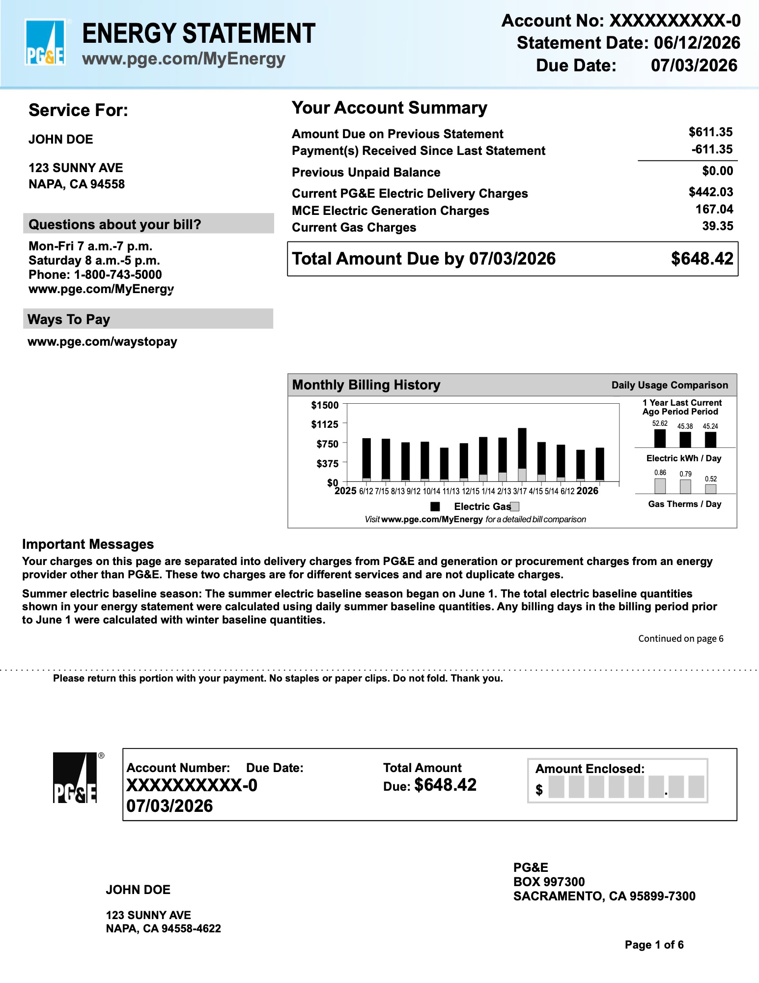 Page 1 of a sample PG&E energy statement: account summary and monthly billing history