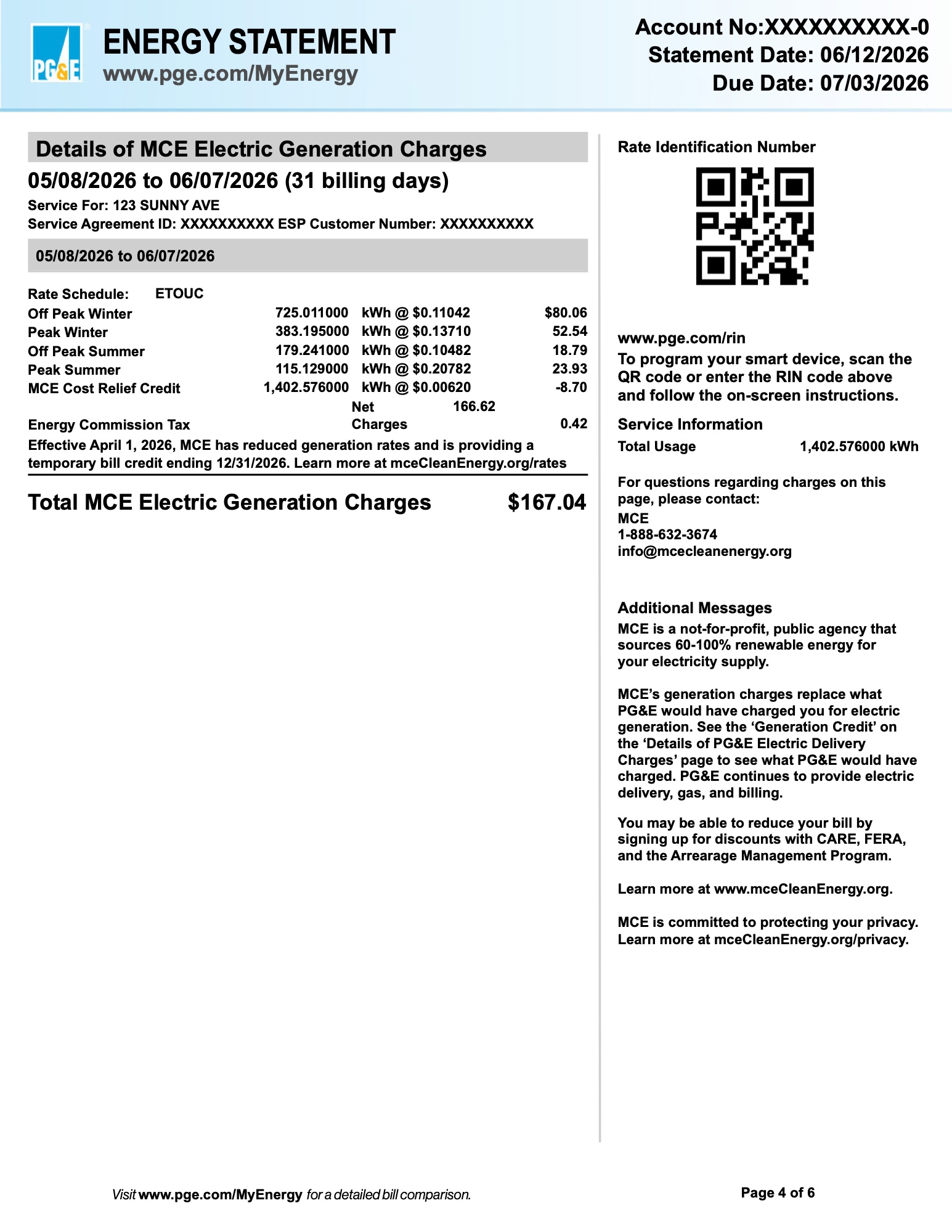 Page 4 of a sample PG&E energy statement: details of MCE electric generation charges
