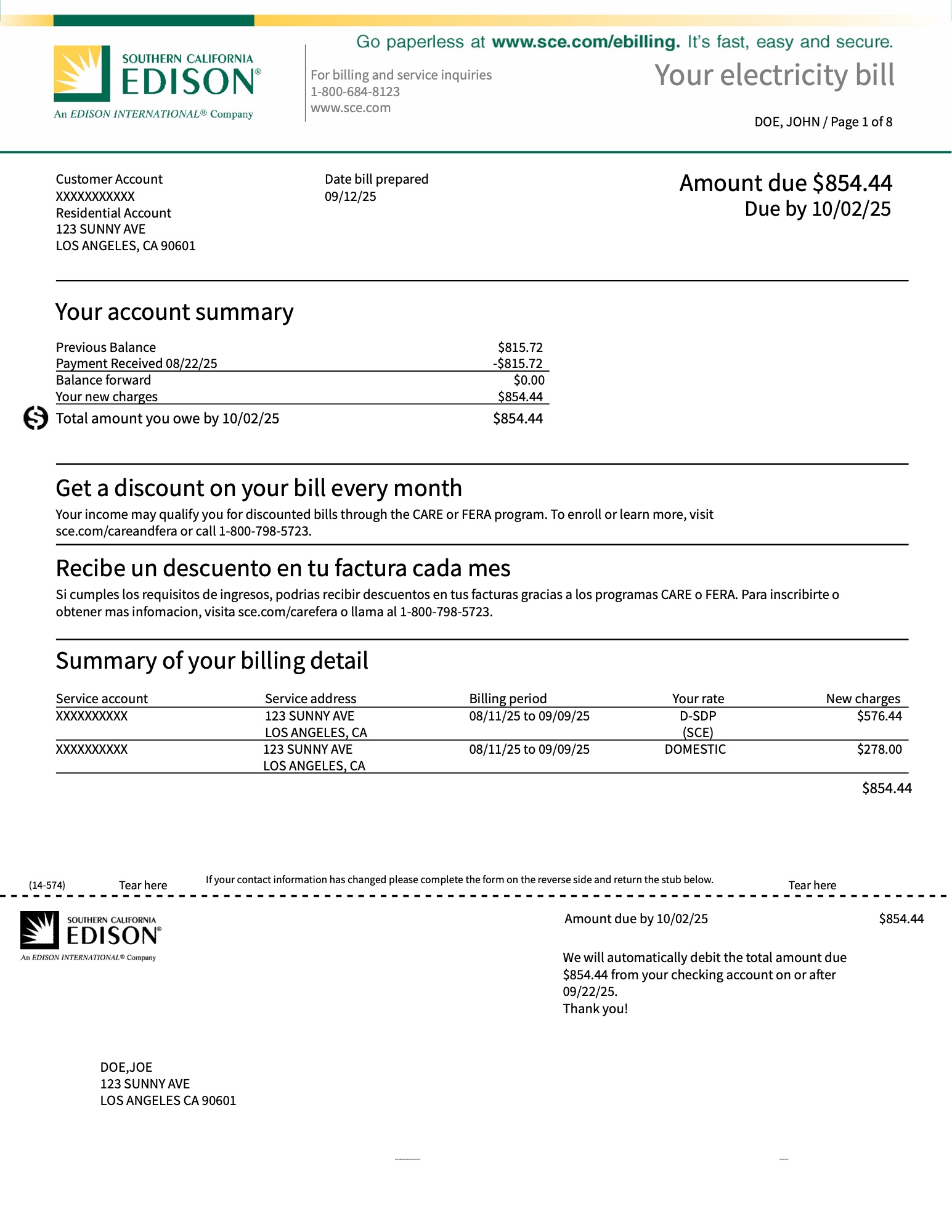 Page 1 of a sample SCE bill: amount due, account summary and summary of billing detail