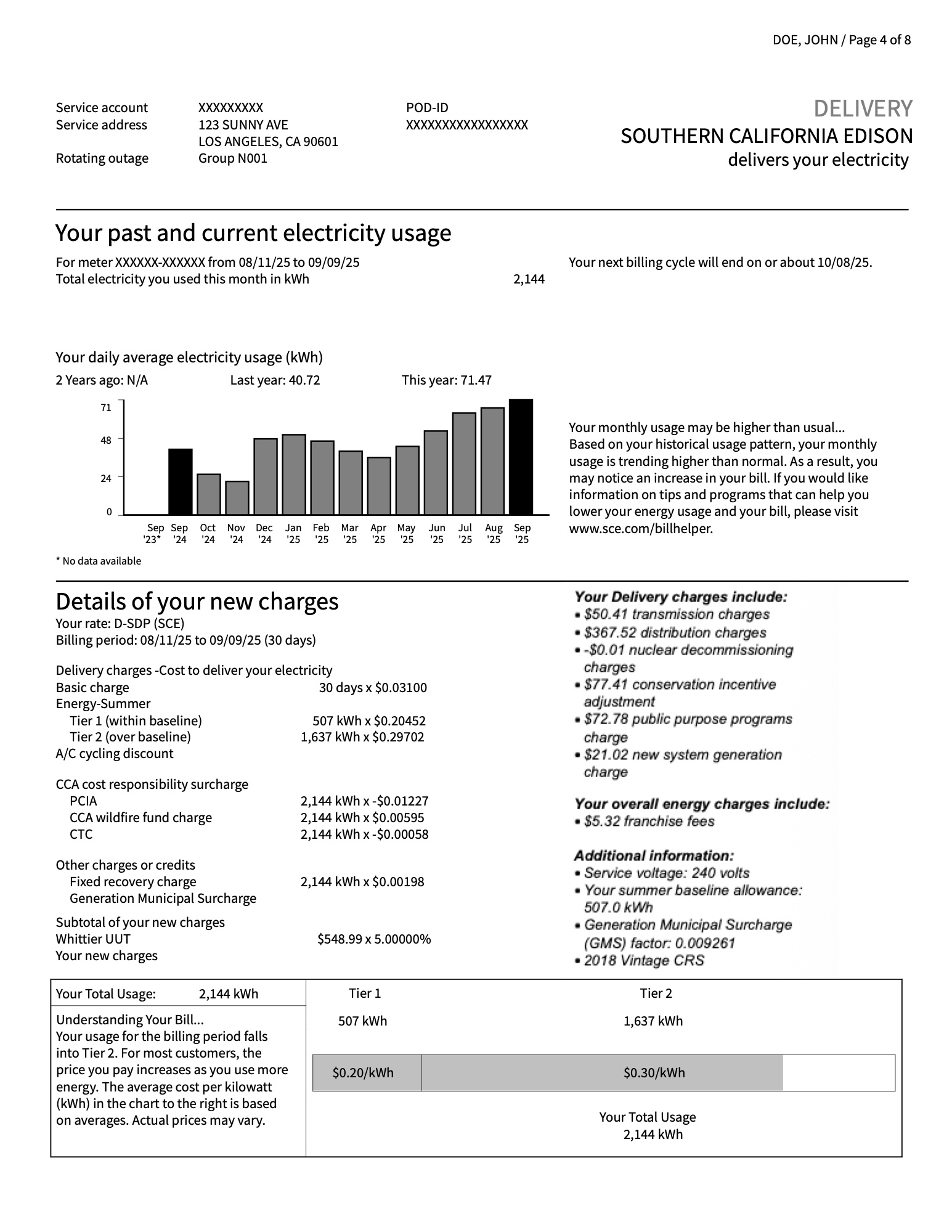 Page 4 of a sample SCE bill: usage history and details of delivery charges