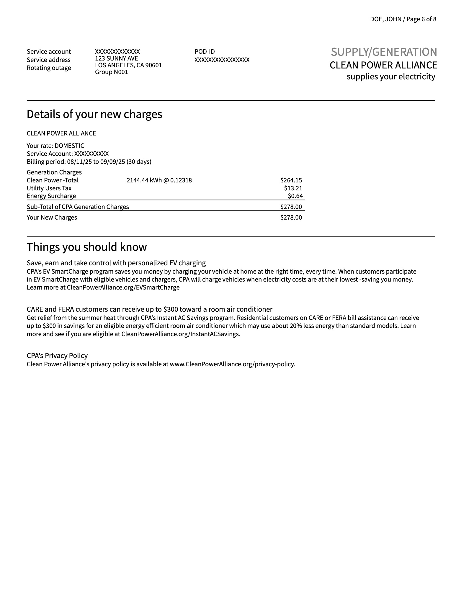 Page 6 of a sample SCE bill: Clean Power Alliance generation charges